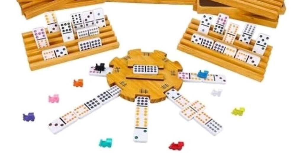Mexican Train Dominoes Set, Double 12 Dominos. Wooden With Travel Bag.